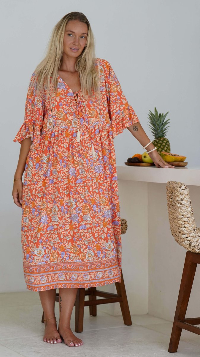 Rød orange bohemsk sommerkjole med lommer - Malva kjole - Image 2