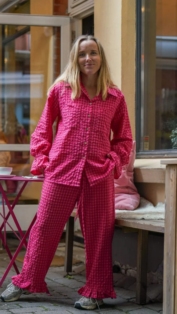 Rosa og bringebærfarget rutete bukse - Soleie cropped bukse